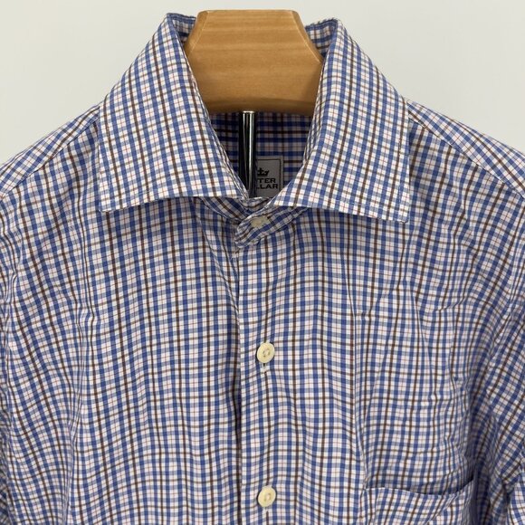 Peter Millar Mens Button-Down Shirt Small Blue Brown Checkered Long Sleeve 100% - Picture 1 of 8
